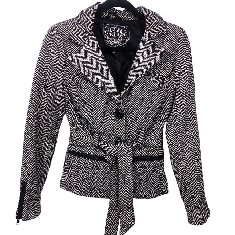 Last Kiss Wool Blend Chevron Tweed Collared Belted Button Short Pea Coat S